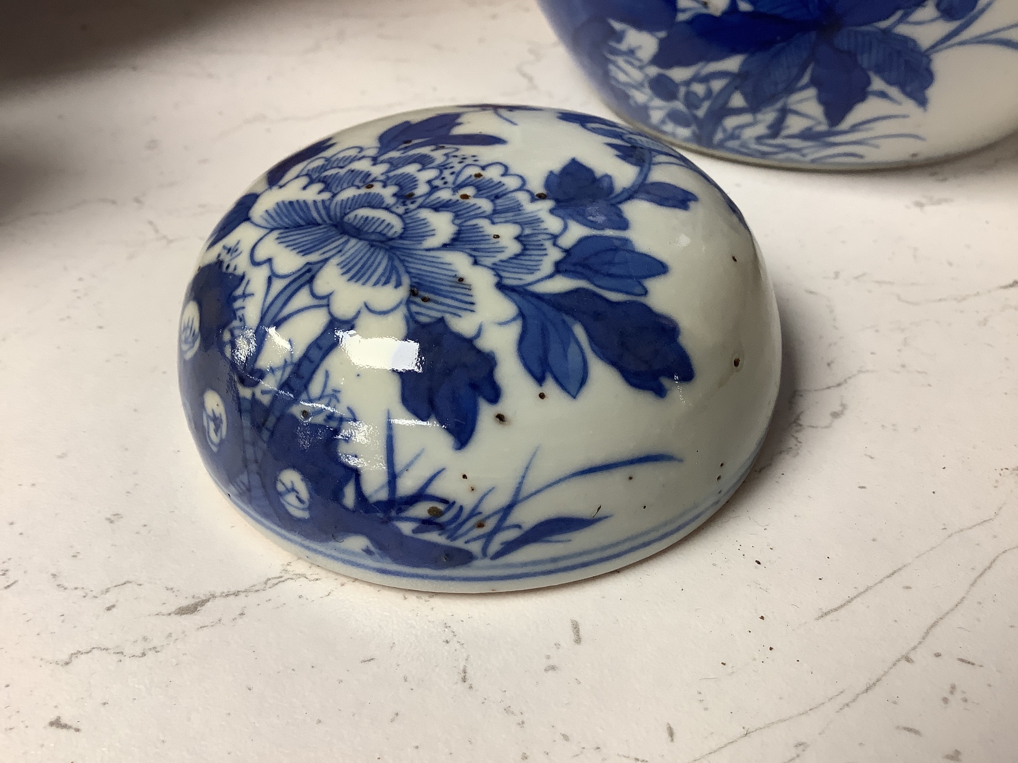 A Chinese blue and white 'birds and flowers' jar and cover, Kangxi mark, c.1900, height 15cm